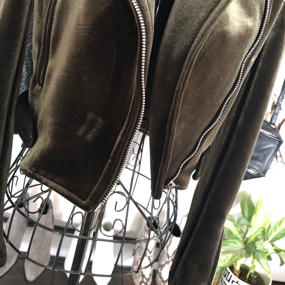 Olive Green Velvet Cropped Moto Jacket - Picture 5 of 5